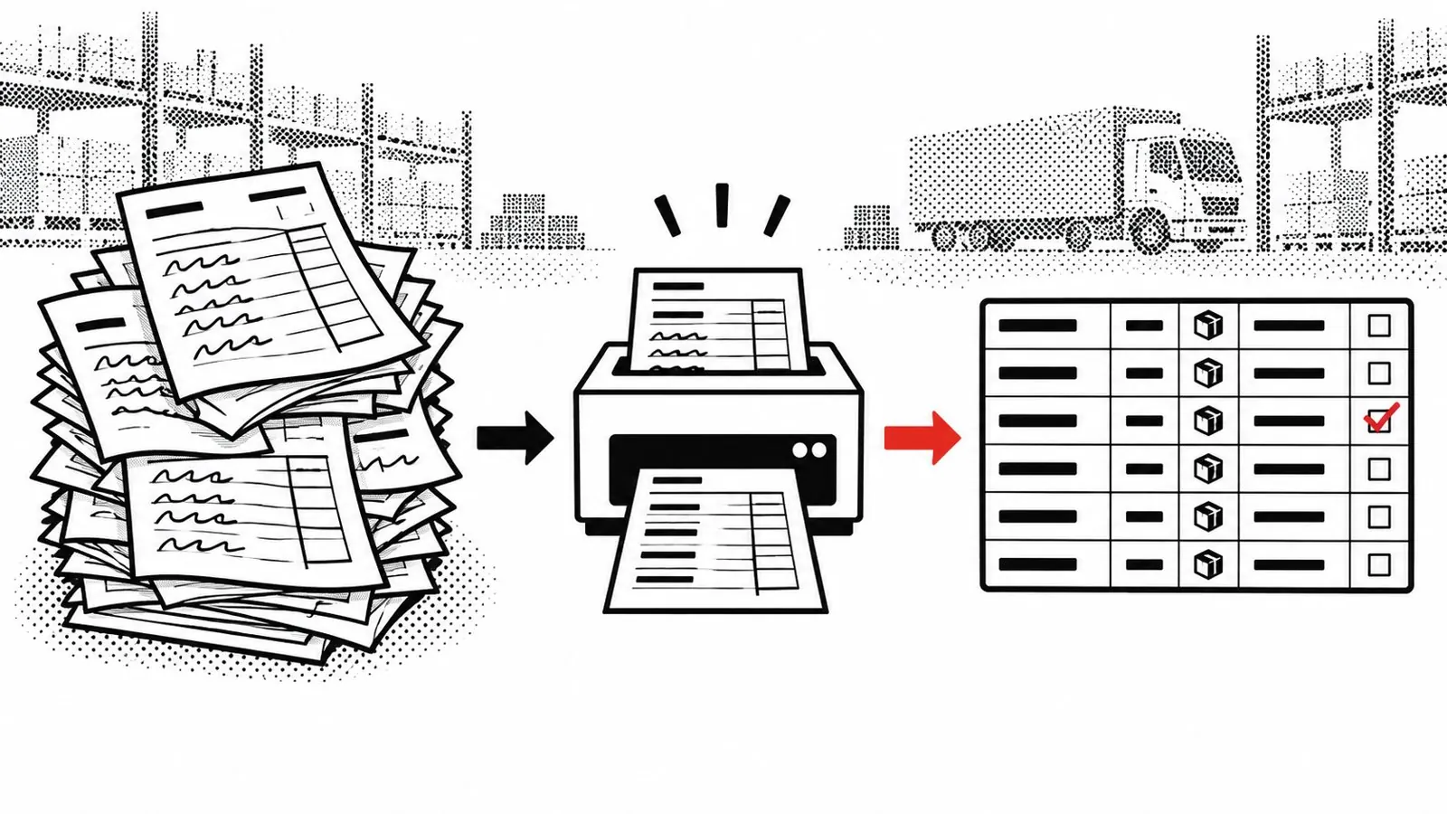FAXの注文書の束が読み取られ、赤い矢印の先で受注表に並ぶ図。人が確かめる1行だけが赤