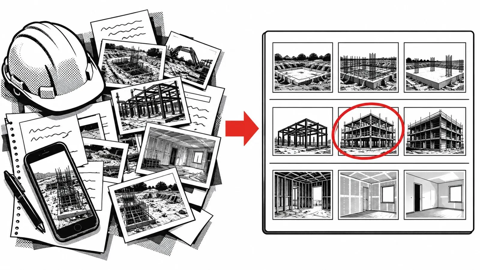 散らばった現場写真とメモが、工程ごとの写真台帳に整理される図。人が確かめる1枚だけが赤